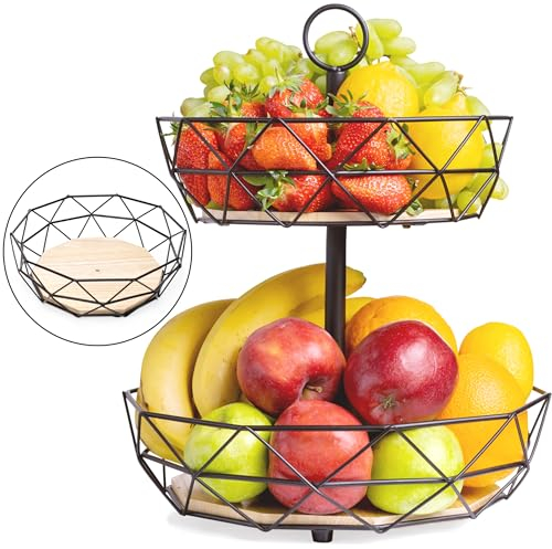 DEKOFY® Obst Etagere - Exklusive Obstschale mit Echtholzböden - vielseitig einsetzbar - Obstkorb, Etagere schwarz, Obstschale schwarz, Etagere Obst, Obstkorb Etagere