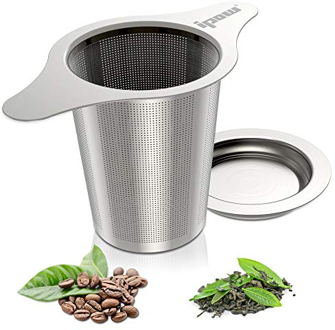 Ipow Updated Extra Fine Mesh Tea Coffee Infuser, 18/8 Stainless Steel Tea Strainer with Lid and Two Handles for Mugs, Teapots, Cups