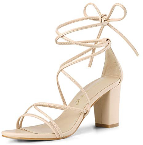 Allegra K Lanières sandales à talons chunky pour femmes Beige 37