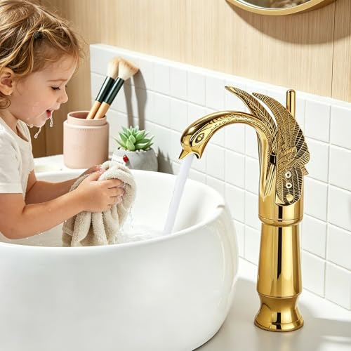 Saeuwtowy Robinet Salle de Bain en Laiton Mitigeur Doré pour Vasque, Design Elégant Robinet Lavabo Robinettrie de Lavabo Haut avec Eau Chaude et Froide Disponible
