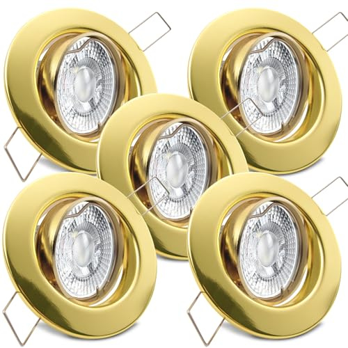 trendlights24 Decora LED Einbaustrahler flach 3 Stufen dimmbar 230V 5er Set | Gold, rund, extra flach, 35mm ET, LED-Spot, 5W, 3 Step dimmbar, Neutralweiß, 4000k, austauschbar, Deckenspot, schwenkbar