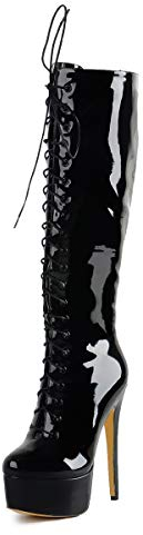 Only maker Damen Kniehoch Stiefel Plateau Schnürstiefel Langschaft mit Stiletto Absatz Reißverschluss Lack Schwarz 43 EU