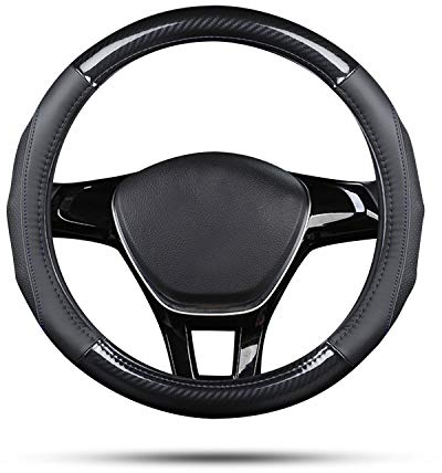 Ergocar Auto Lenkradbezug Rutschfester Auto Sport Lenkradschutz Kohlefaser & Erste Schicht Rindsleder für Durchmesser 38cm (15 ) (Schwarz)