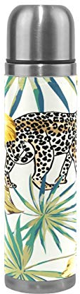 Linomo Thermosflasche Blumen Blätter Leopard Druck Edelstahl Wasserflasche,Isoliert Auslaufsicher, Doppelwandig Vakuumflasche für Sport Reise Camping Büro 500 ml