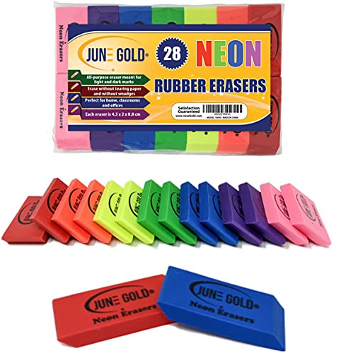 June Gold 28 Neon Colored Rubber Erasers - These All-Purpose erasers are Perfect for Homes and Offices