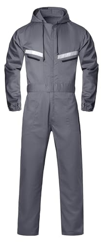 Oralidera Tuta da Lavoro da Uomo Multitasche Tute Blu da Lavoro con Cappuccio Riflettente Tuta Meccanica da Lavoro Alta Visibilità Abbigliamento da Lavoro, Grigio, M