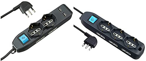 Electraline 62095 Multipresa 6 Posti 2 Polivalenti Schuko 4 Bivalenti 10/16A 2 Prese Usb 2.1A -Cavo 1,5 M, Nero & 62019 Multipresa 9 Posti 3 Polivalenti Schuko 10/16A + 6 Bivalenti 10/16A-Cavo