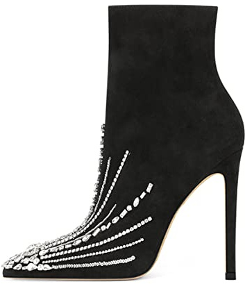 XYD Women Winter Pointed Toe Ankle Boots Radial Rhinestone Studded Stiletto Heels Side Zip Lady Dressy Booties Chic Party Shoes Size 9 Black Studs