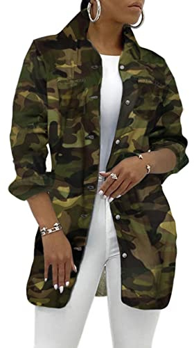 SeNight Women's Casual Camouflage Jacket With Pockets Sexy V Neck Long Sleeve Button Down Denim Coat