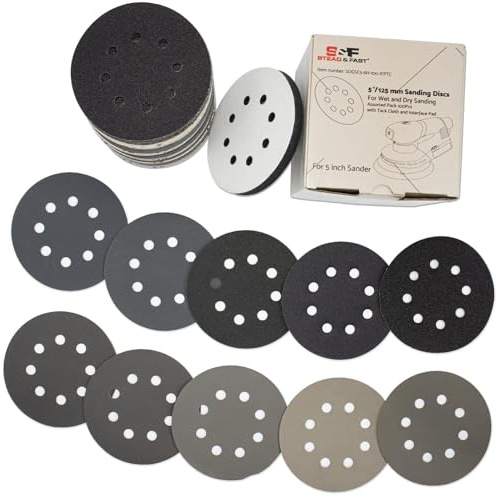 5 inch Wet Dry Sanding Discs Hook&Loop 100 pcs, 80 180 220 400 600 800 1000 1500 2000 3000 Grit Silicon Carbide Orbital Sander Sandpaper Assortment/Interface pad, Auto Wood Metal S&F STEAD & FAST