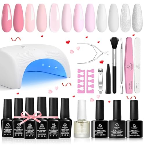 Beetles Gel Polish with Led Light Nail Lamp 6 Colors French White Manicure Kits with Base Top Coat Snow White Soft Pink Art Salon Diy Home Gel Nail Polish Set Gift