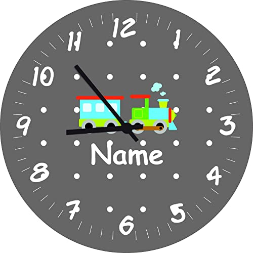 Shirtinstyle Kinderzimmeruhr mit Motiv Eisenbahn mit Wunschnamen Geschenk Uhr Kinder Handmade Wanduhr Wunschtext Name, 29cm, Farbe Dunkelgrau