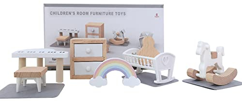 LICHENGTAI Puppenhaus Möbel und Zubehör, Puppenmöbel Kinderzimmer Puppenhaus Ausstattung Holz Puppen Möbel Set Miniatur Puppenhaus Zubehör Badezimmer Schlafzimmer Wohnzimmer