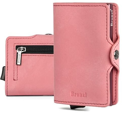 Bronzi Portafoglio Porta Carte Credito - Portafoglio Uomo Donna Slim Portacarte - Mini Porta Tessere - Protezione RFID Portatessere - Design Smart Opaco Rosa