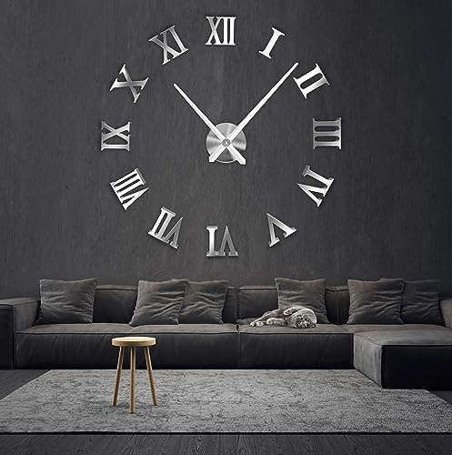 R&M ORIENT® 3D Wanduhr große Moderne Mute DIY – Römische Ziffern – Luxus Dekoration Geschenk – Wandtattoo – Uhren für Büro Wohnzimmer Schlafzimmer Dekoartikel Home Office Quarzuhr (C-Silber)