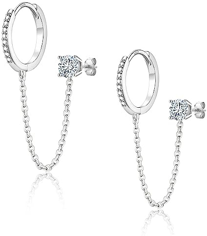 Creolen Silber 925 für Damen, Doppel Piercing Ohrstecker Creolen mit Hängender Kette | Ohrringe Gold mit Zirkonia Silber Schmuck Huggie Creolen Geschenke für Frauen Mädchen Herren
