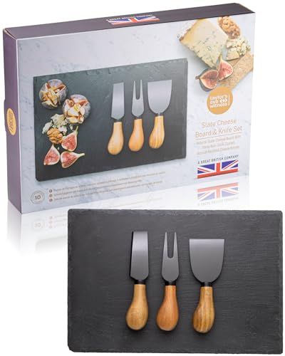 3 Piece Cheese Knife Set & Slate Board - Stylish Cheese Knives Gift Set With Slate Charcuterie Board. Acacia Wood Knife & Classic Polished Black, Sharp Stainless Steel Blades. 10 Year Guarantee