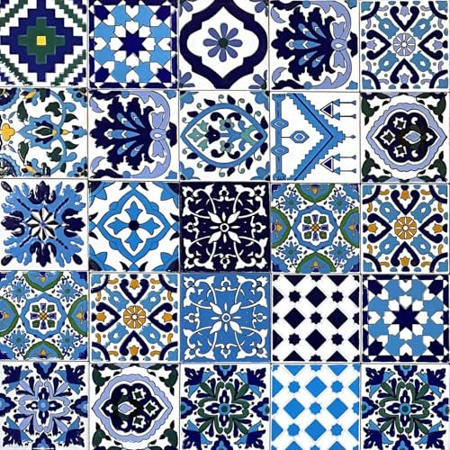 25 Mattonelle Premium Selection in Ceramica Smaltata - Blue Marine - 10x10 cm spessore 0,6 cm - Mattonelle Tunisine realizzate con Serigrafia Artigianale - Adatte a rivestimento