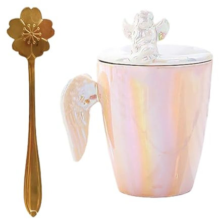 Tazza creativa in ceramica da 250 ml/8,5 once con ali d'angelo per coppie con coperchio ufficio latte caffè tazza - angelo rosa - ali bianche + cucchiaio