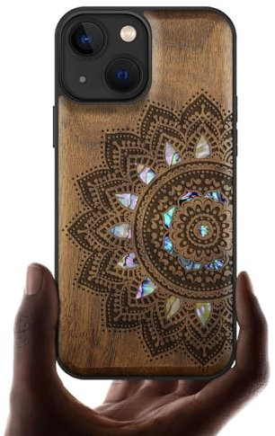 Carveit Bois Etui pour iPhone 13 Mini Magnétique Coque, Coquille de Téléphone Antichoc Compatible avec Apple 13 Mini Étui Magsafe (Noyer-Art Mandala)