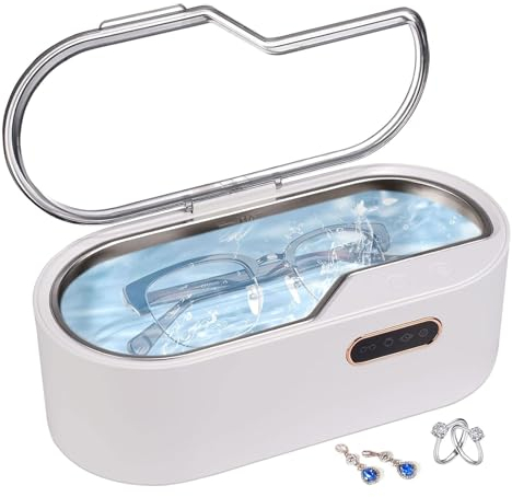 Pulitore ad ultrasuoni per gioielli, pulitore per occhiali ad ultrasuoni 450ML con 4 timer, pulitore ad ultrasuoni portatile per uso domestico a 45 kHz per fermi, occhiali, oro, argento, anelli white