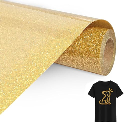 Bocguy Plotterfolie Textil Glitzer Gold, 30.5 CM x 305 CM Heat Transfer Vinyl Flexfolie Glitzer Rollen, Plotterfolie Glitzer für Eisen Heiße Presse, T-Shirts & Mehr Stoffen (Glitzer Gold)