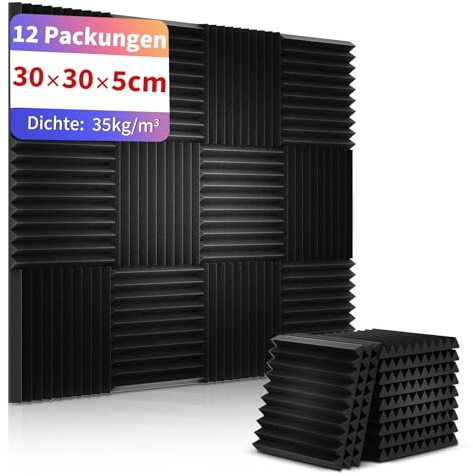 Kerlalu Akustikschaumstoff Akustikpaneele 12 Stück, Schalldämmung Wand Schallabsorber Akustikschaumstoff-Matten für Tonstudio, Podcasts, Youtube-Zimmer,Heimstudio,Spielzimmer 30 x 30 x 5 cm Schwarze