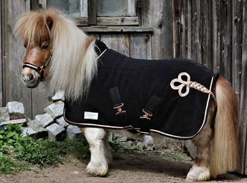Zaraa Abschwitzdecke Paradedecke mit Kragen Anti Pilling Fleece Schwarz Silber- oder Goldfarben, Rosegold Minishetty Shetty Welsh Pony 70 80 90 100 110 (Schwarz/Rosegold-Goldfarben, 70)