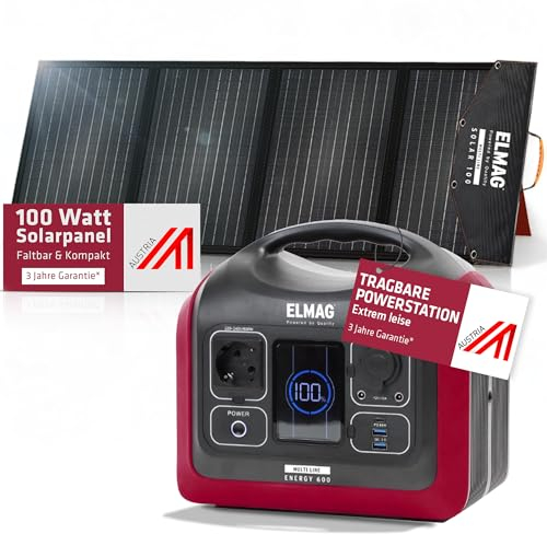 ELMAG Solargenerator-Set ENERGY 600 + SOLAR 100 – 595Wh tragbare Powerstation mit faltbarem 100Wp Solarpanel – Stromspeicher mit LiFePO4 Akku & 230V AC/DC/USB Ausgabe – Für Camping, Outdoor & Notstrom