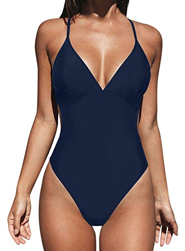 Generico Costume Intero Donna Contenitivo SGAMBATO Costume da Bagno da Donna Arricciato sul Retro con Scollo a V e Spalline Sottili Costume Modellante Donna Pancia Piatta (Dark Blue, S)