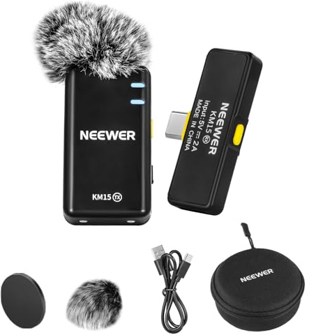 NEEWER Kabelloses Mikrofonsystem für USB C, Ansteck Lavalier Mikrofon mit Geräuschunterdrückung für Podcast Vlog Live Stream, Mini Ansteckmikrofon, kompatibel mit iPhone 15 Serie Android Telefon, KM15