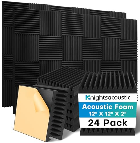 Knightsacoustic 24 Pack Sound Proof Foam Panels for Walls with Self Adhesive, 12x12x2 Acoustic Foam Panels, High Density Acoustic Panels Sound Absorbing, Fire Resistant Studio Sound Proofing Black