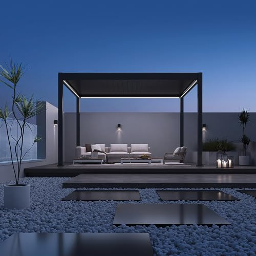 Weide E-Deluxe Pergola Lamellendach freistehend | wasserdichte Terrassenüberdachung motorisiert mit App, LED-Beleuchtung & Regenrinne 3.6 x 4 m Anthrazit