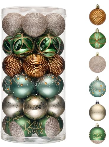 Valery Madelyn Weihnachtsbaumschmuck, 30 Stück, 5,1 cm, grün, braun und gold, bruchsicher, Weihnachtsschmuck-Set, Waldbronze, hängende Kugel-Ornamente, Großpackung für Weihnachten, Urlaub