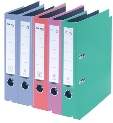 VON Leitz 10561099 Lot de 5 classeurs A4 en carton avec couverture en plastique, largeur de dos 50 mm, pour 350 feuilles, carton certifié FSC, pour l'école, l'étude et la maison, plusieurs couleurs