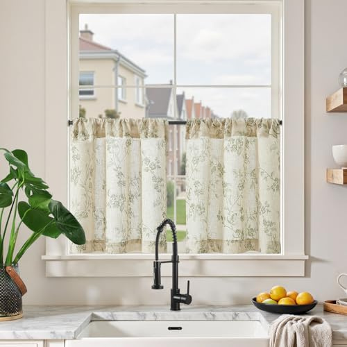 TOPICK Leinen Scheibengardinen 65B x 60H (cm) Blumen Küchenvorhänge Kurz Bedrucktem landhausstil Bistrogardine Halbtransparent Gardinen Fenster Vorhänge für Frühling küche 2er Set Grün auf Weiß