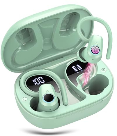 Écouteurs de sport sans fil Bluetooth 5.3 avec micro HD, 50 heures, HiFi stéréo, basses profondes, Bluetooth avec affichage LED, étanchéité IP7, avec crochet d'oreille pour le sport, verts.