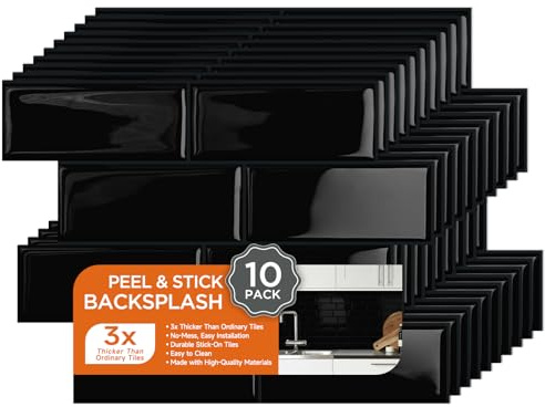 10-Sheet Peel and Stick Backsplash Tile for Kitchen, 3D Marble Look Vinyl Self Adhesive Stick on Subway Wall Tiles for Bathroom Living Room 11.4x8.2 Black