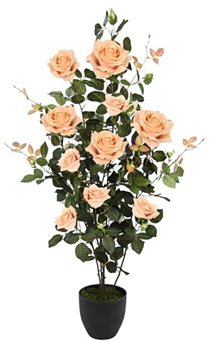 Flair Flower Künstlicher Rosenbusch im Topf 115 cm – Große Kunstpflanze mit naturgetreuen Rosenblüten – Elegante Kunstblumen Deko für Wohnzimmer, Flur, Büro, Terrasse & Eingangsbereich – Rosenstrauch