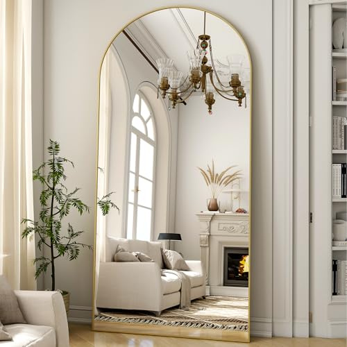 ZenoMirris Ganzkörperspiegel 180x76 cm, Bogenförmiger Standspiegel mit Aluminiumrahmen – Bodenspiegel und Wandspiegel zum Stehen, Anlehnen oder Hängen, für Schlafzimmer & Wohnzimmer, Gold