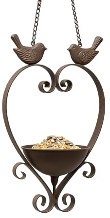 khevga Vogeltränke Metall Herzform mit Schale – dekorative Gartendeko hängend mit Zwei Vögeln – Vintage Stil – Dunkelbraun – 19 x 52 cm
