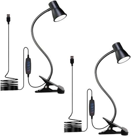 GBKDQQ Lot de 2 lampes de lecture à pince de lit, lampe de bureau LED à intensité variable, avec 3 températures de couleur, lampe de table USB avec câble, lampe à pince de lit avec interrupteur pour