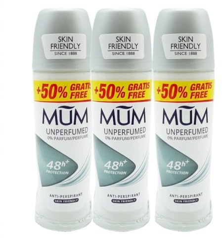 Mum Unperfumed Roll On Deodorant 50 ml Pack of 3 | 48hr Sweat & Odour Protection | Alcohol-Free Antiperspirant for Women & Men | Fragrance-Free | Vegan | 50% Extra | EPISHED guide included