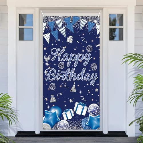 PartyYaa Geburtstagsbanner Deko, Blau Silber Geburtstag Tür Banner, Happy Birthday Banner Türabdeckung Fotoautomaten Schild Poster Party Deko für Drinnen und Draußen