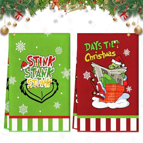 Ruryxel 2PCS Weihnachten Küchentücher, 60x40cm Grin-ch Küchenhandtücher Geschirrtuch Weihnachten für Badezimmer Küche Trockentuch Weihnachtsdeko, Xmas Geschenke
