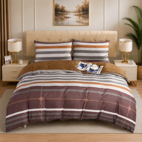 Textile Home Home Décor Brown Stripe Double Bedding Set 4 Piece - Anti-Wrinkle Soft Touch Microfiber Bedding Bundle