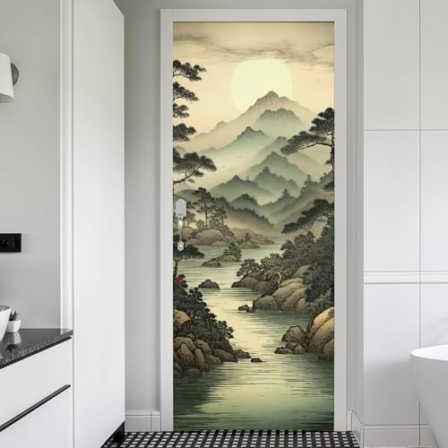REDAMANCY Yellow Green Mountain River Vintage Ink Art Landscape Peel and Stick Door Stickers Vinyl Decals Decor Modern Self-Adhesive, Waterproof, Removable