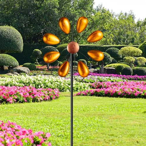 Belanttega Orange Flower Wind Spinner - 28 Kinetic Outdoor Wind Sculpture with Metal Stake, Weatherproof Spinner Sturdy Stake for Garden Lawn Decor, Smoothly Windmill Yard Art Gift for Garden Lover