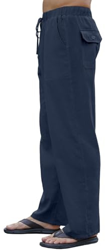 Yutdeng Pantaloni da Uomo in Lino Pantaloni Estivi Lunghi Leggeri e Traspiranti Pantaloni Gamba Dritta con Elastico in Vita Pantaloni con Tasche e Coulisse Pantaloni Casual da Spiaggia,Blu Navy,XL