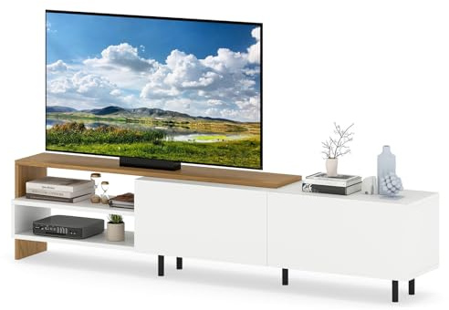 COSTWAY TV Stand Cabinet for 80 Inch TVs, 181cm Wooden Media Entertainment Center with Storage Shelves, Cabinets and 5 Metal Legs, Modern TV Unit Console Table for Living Room Bedroom, White+Natural